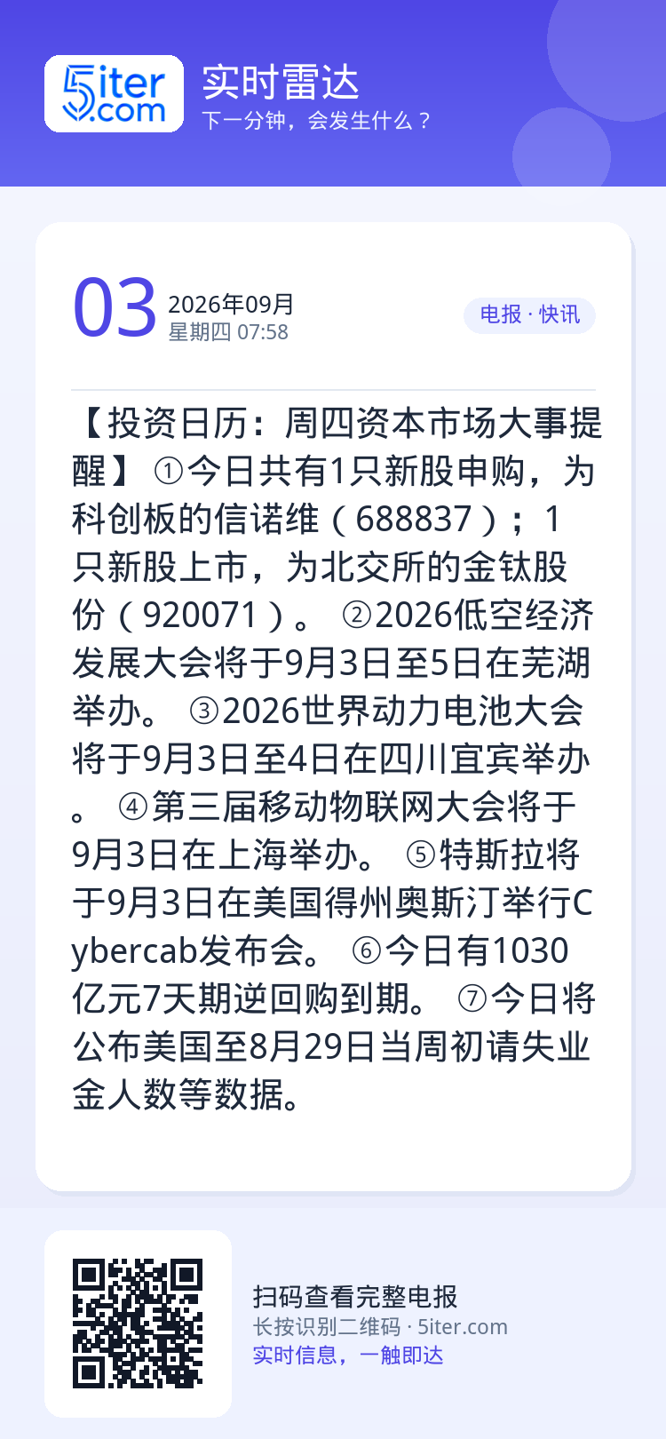 【投资日历：周四资本市场大事提醒】
①今日共有1只新股申购，为科创板的信诺维（688837）；1只新股上市，为北交所的金