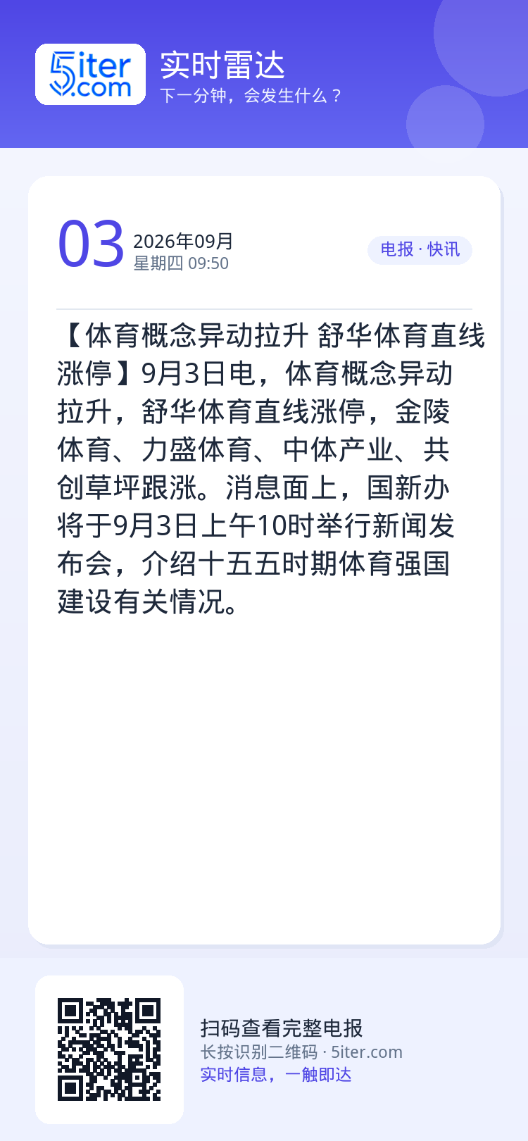 【体育概念异动拉升 舒华体育直线涨停】9月3日电，体育概念异动拉升，舒华体育直线涨停，金陵体育、力盛体育、中体产业、共创