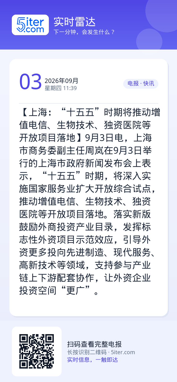 【上海：“十五五”时期将推动增值电信、生物技术、独资医院等开放项目落地】9月3日电，上海市商务委副主任周岚在9月3日举行