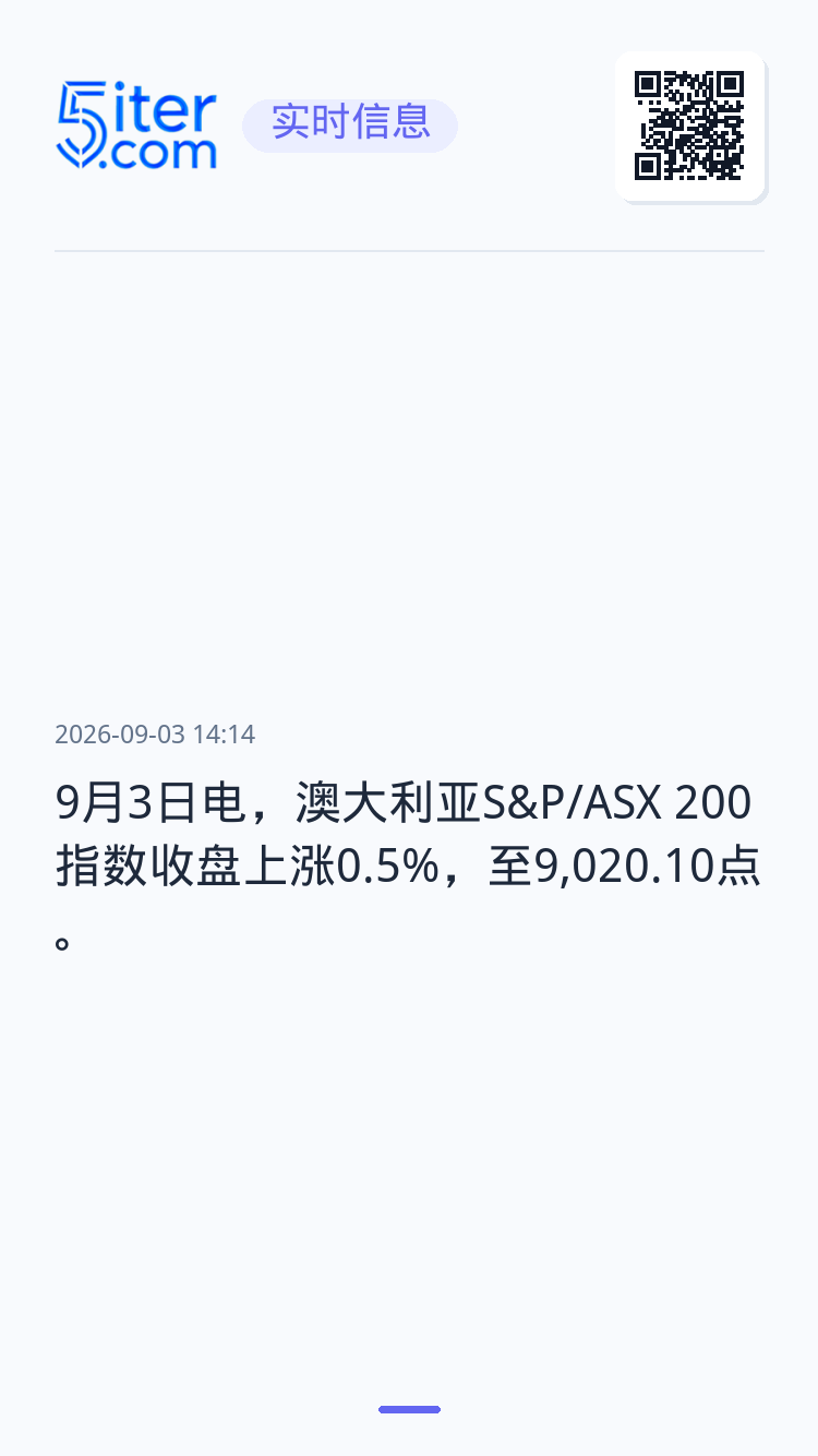 9月3日电，澳大利亚S&P/ASX 200指数收盘上涨0.5%，至9,020.1