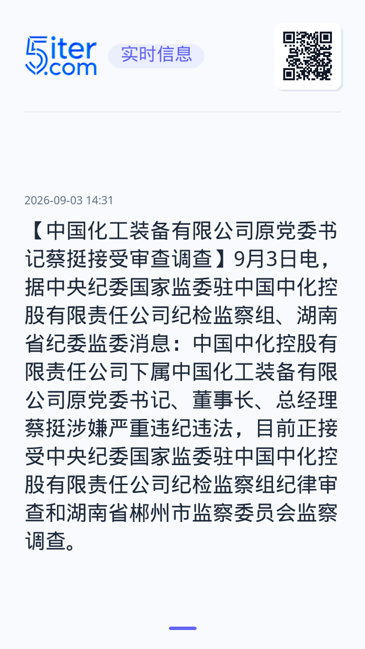 【中国化工装备有限公司原党委书记蔡挺接受审查调查】9月3日电，据中央纪委国家监委