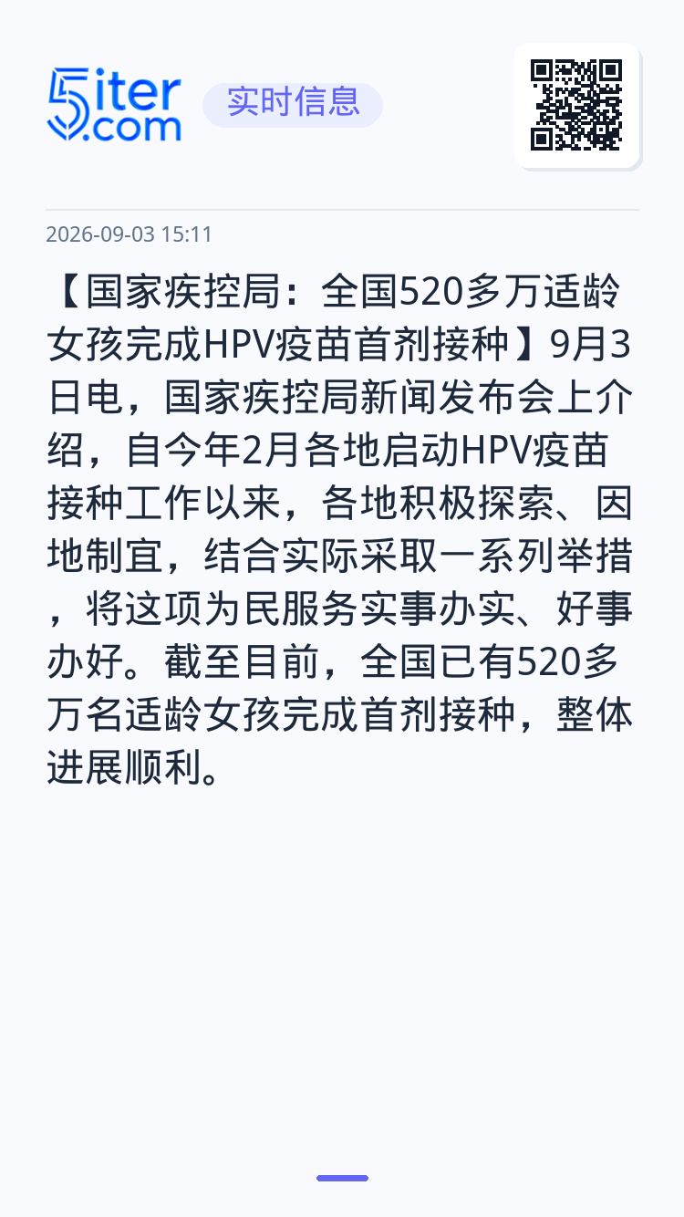【国家疾控局：全国520多万适龄女孩完成HPV疫苗首剂接种】9月3日电，国家疾控局新闻发布会上介绍，自今年2月各地启动H