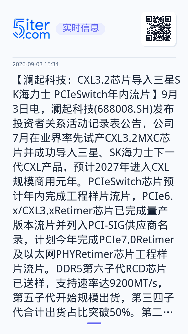 【澜起科技：CXL3.2芯片导入三星SK海力士 PCIeSwitch年内流片】9月3日电，澜起科技(688008.SH)