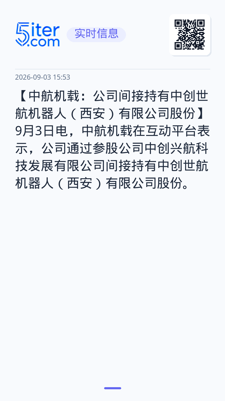 【中航机载：公司间接持有中创世航机器人（西安）有限公司股份】9月3日电，中航机载在互动平台表示，公司通过参股公司中创兴航