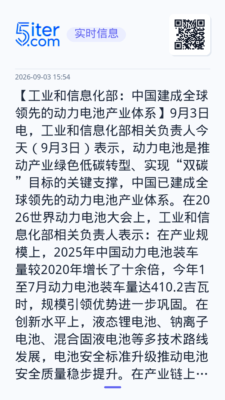 【工业和信息化部：中国建成全球领先的动力电池产业体系】9月3日电，工业和信息化部相关负责人今天（9月3日）表示，动力电池