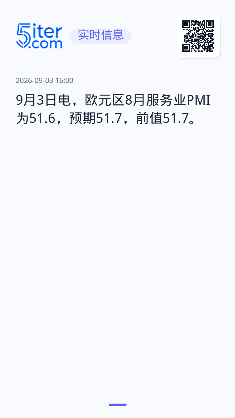 9月3日电，欧元区8月服务业PMI为51.6，预期51.7，前值51.7。