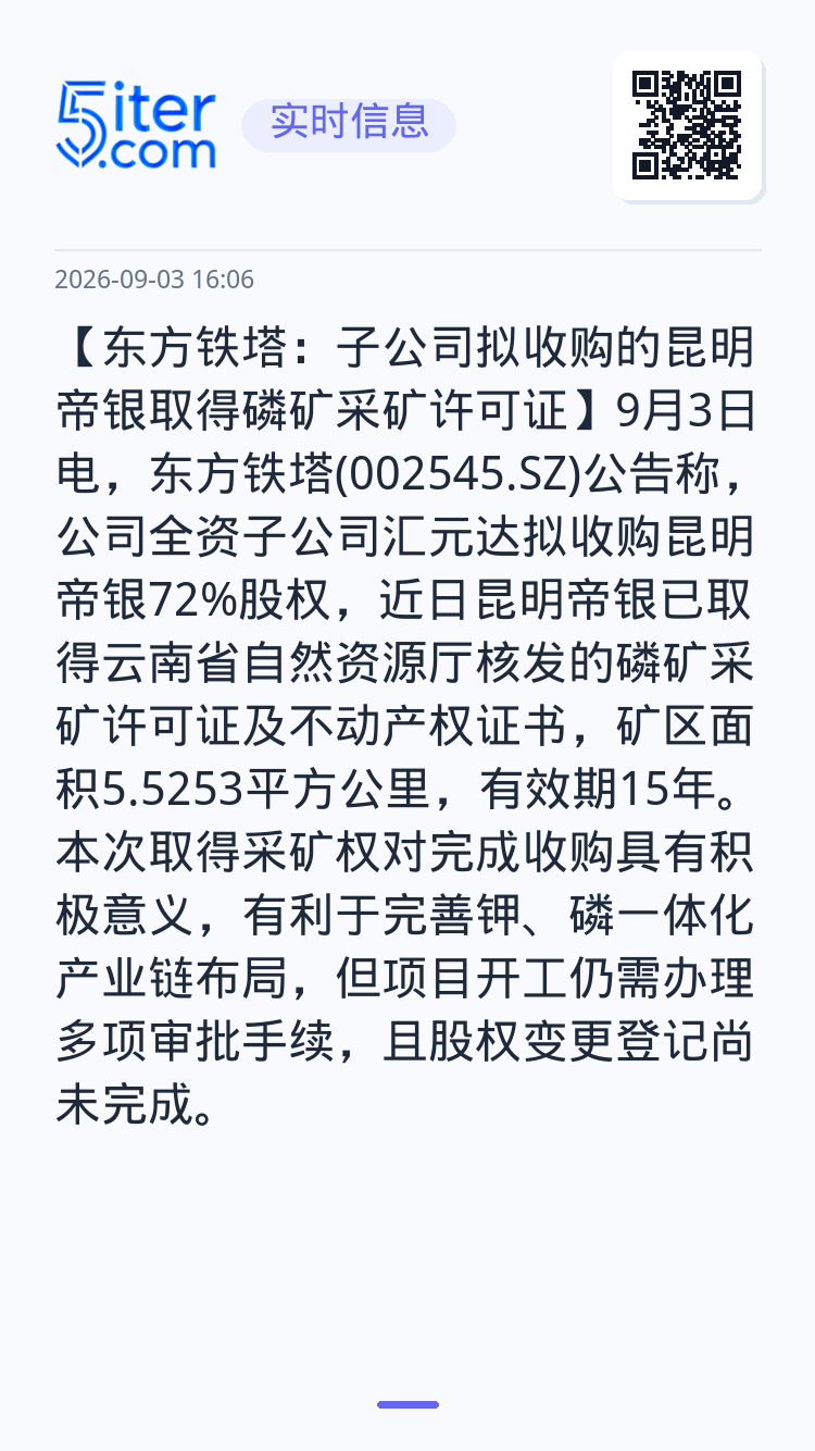 【东方铁塔：子公司拟收购的昆明帝银取得磷矿采矿许可证】9月3日电，东方铁塔(002545.SZ)公告称，公司全资子公司汇