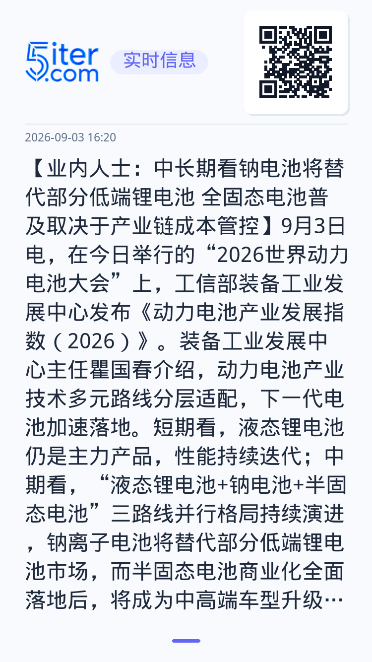 【业内人士：中长期看钠电池将替代部分低端锂电池 全固态电池普及取决于产业链成本管控】9月3日电，在今日举行的“2026世
