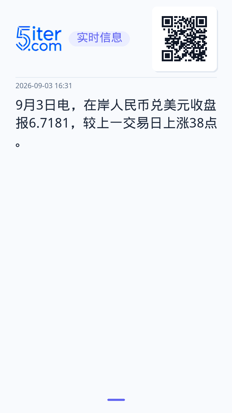 9月3日电，在岸人民币兑美元收盘报6.7181，较上一交易日上涨38点。