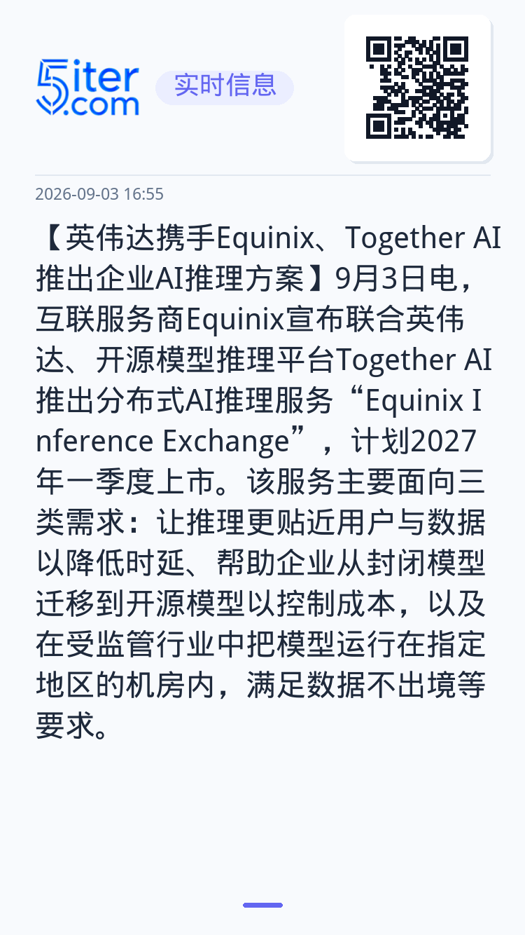 【英伟达携手Equinix、Together AI推出企业AI推理方案】9月3日电，互联服务商Equinix宣布联合英伟