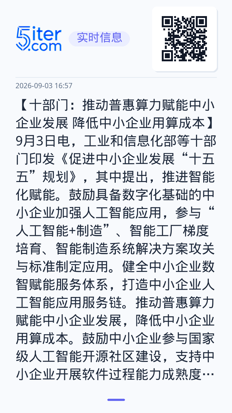 【十部门：推动普惠算力赋能中小企业发展 降低中小企业用算成本】9月3日电，工业和信息化部等十部门印发《促进中小企业发展“
