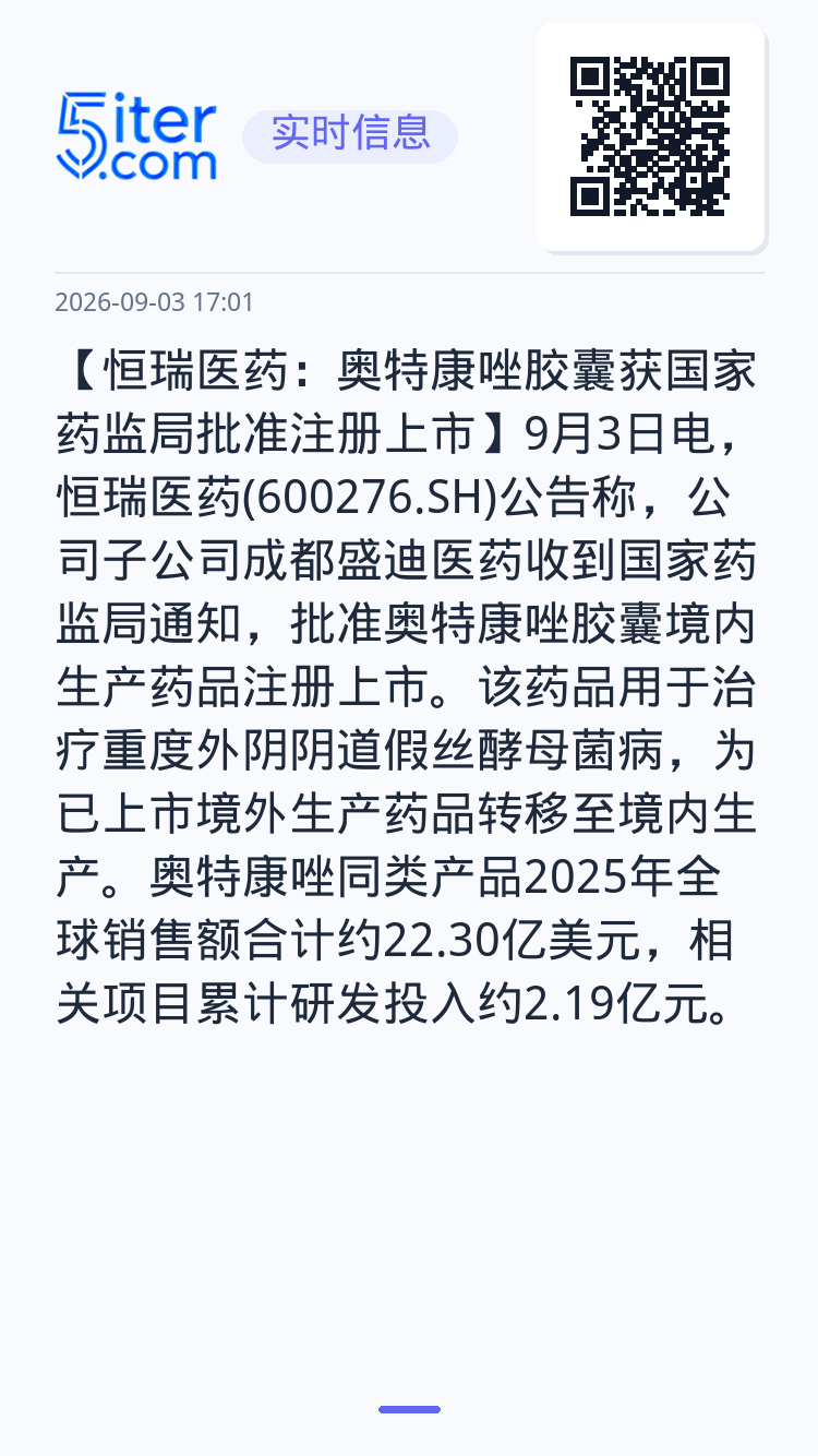 【恒瑞医药：奥特康唑胶囊获国家药监局批准注册上市】9月3日电，恒瑞医药(600276.SH)公告称，公司子公司成都盛迪医