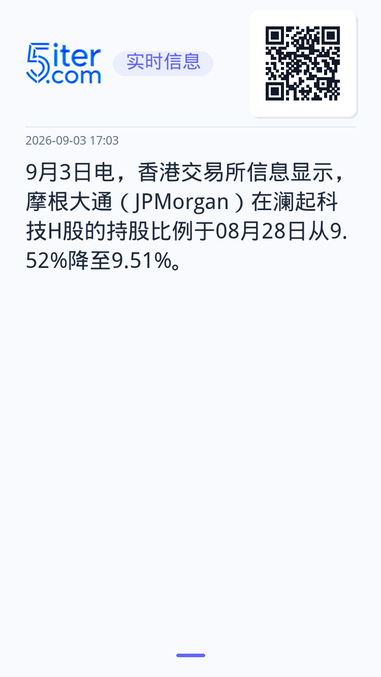 9月3日电，香港交易所信息显示，摩根大通（JPMorgan）在澜起科技H股的持股比例于08月28日从9.52%降至9.5