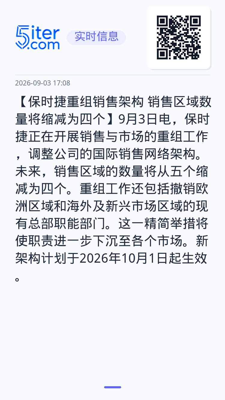【保时捷重组销售架构 销售区域数量将缩减为四个】9月3日电，保时捷正在开展销售与市场的重组工作，调整公司的国际销售网络架