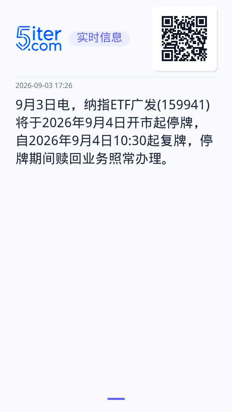 9月3日电，纳指ETF广发(159941)将于2026年9月4日开市起停牌，自2026年9月4日10:30起复牌，停牌期