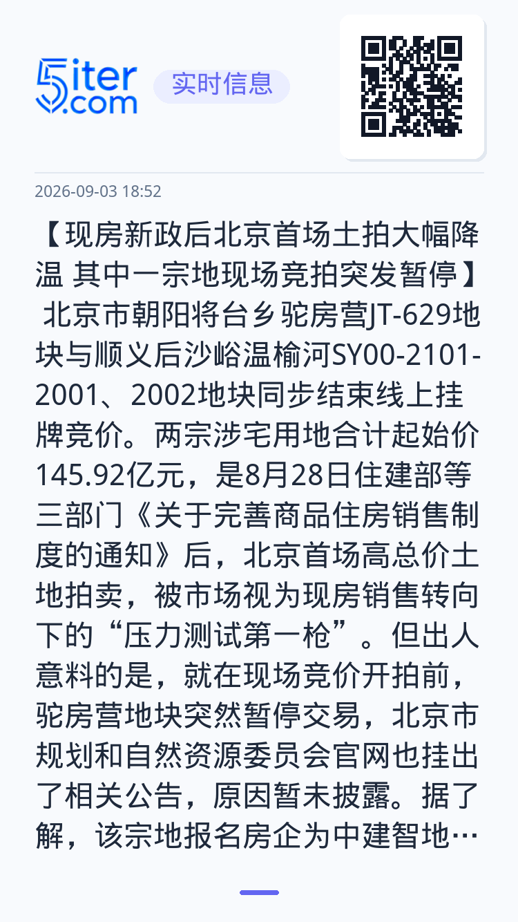 【现房新政后北京首场土拍大幅降温 其中一宗地现场竞拍突发暂停】 北京市朝阳将台乡驼房营JT-629地块与顺义后沙峪温榆河