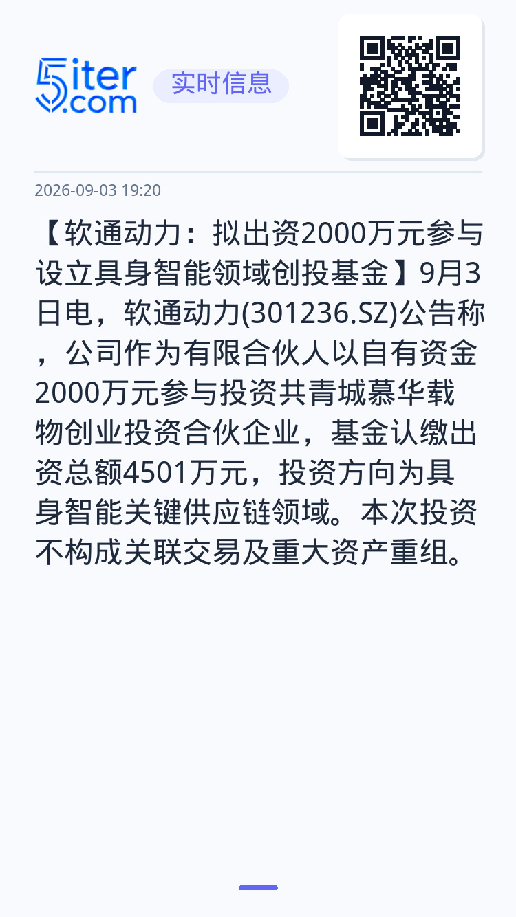 【软通动力：拟出资2000万元参与设立具身智能领域创投基金】9月3日电，软通动力(301236.SZ)公告称，公司作为有