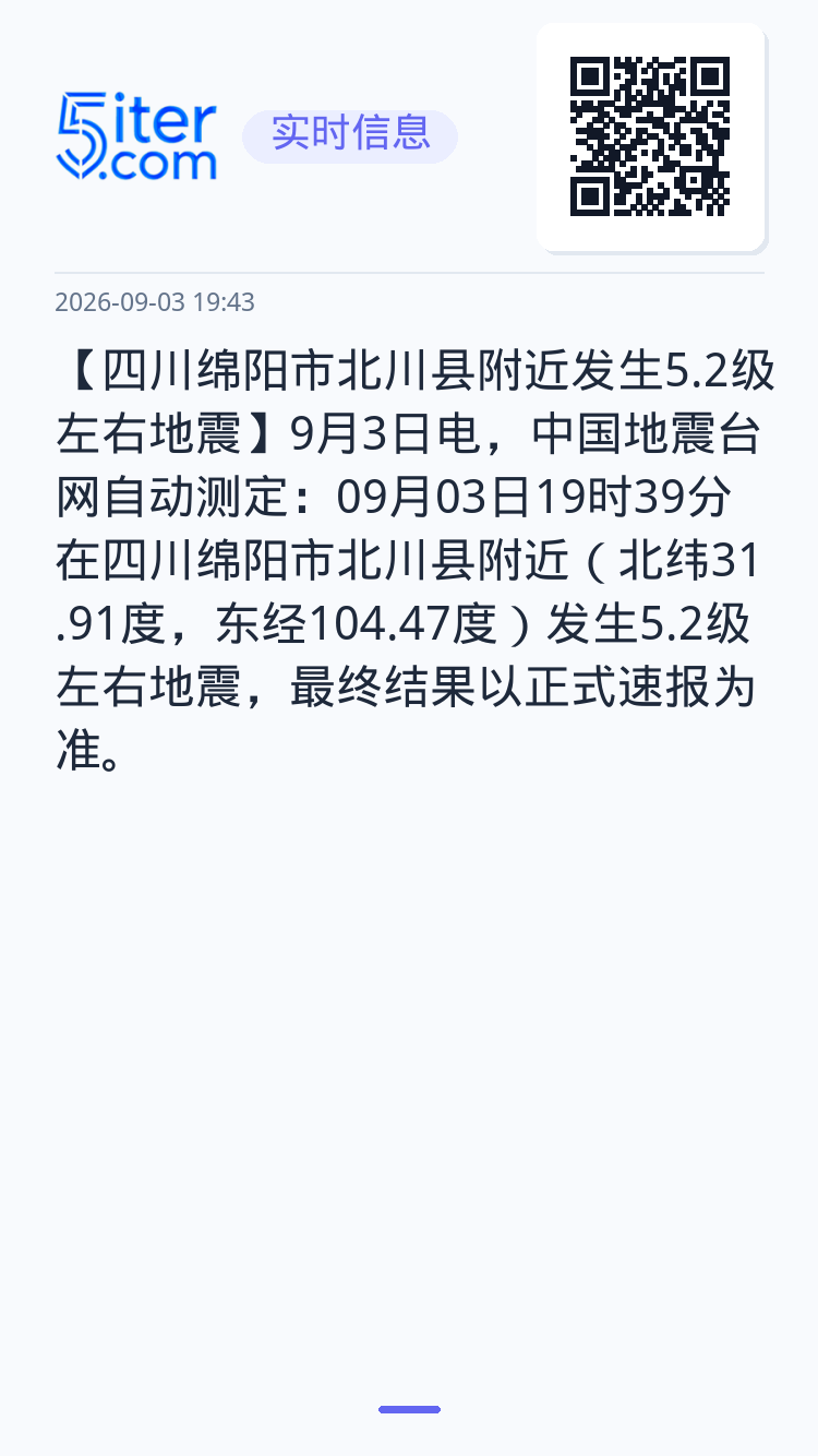 【四川绵阳市北川县附近发生5.2级左右地震】9月3日电，中国地震台网自动测定：09月03日19时39分在四川绵阳市北川县