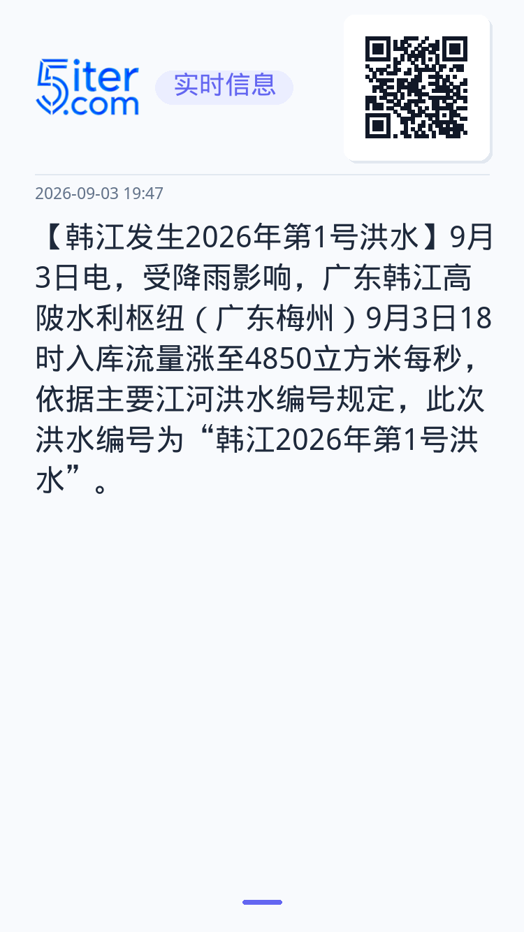 【韩江发生2026年第1号洪水】9月3日电，受降雨影响，广东韩江高陂水利枢纽（广东梅州）9月3日18时入库流量涨至485