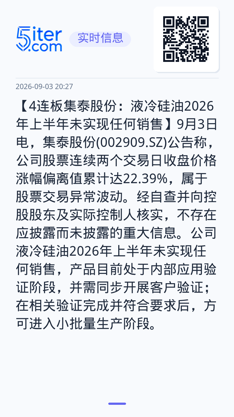 【4连板集泰股份：液冷硅油2026年上半年未实现任何销售】9月3日电，集泰股份(002909.SZ)公告称，公司股票连续