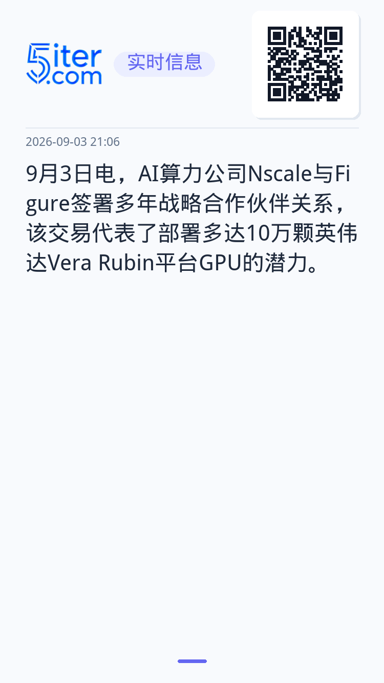 9月3日电，AI算力公司Nscale与Figure签署多年战略合作伙伴关系，该交易代表了部署多达10万颗英伟达Vera 