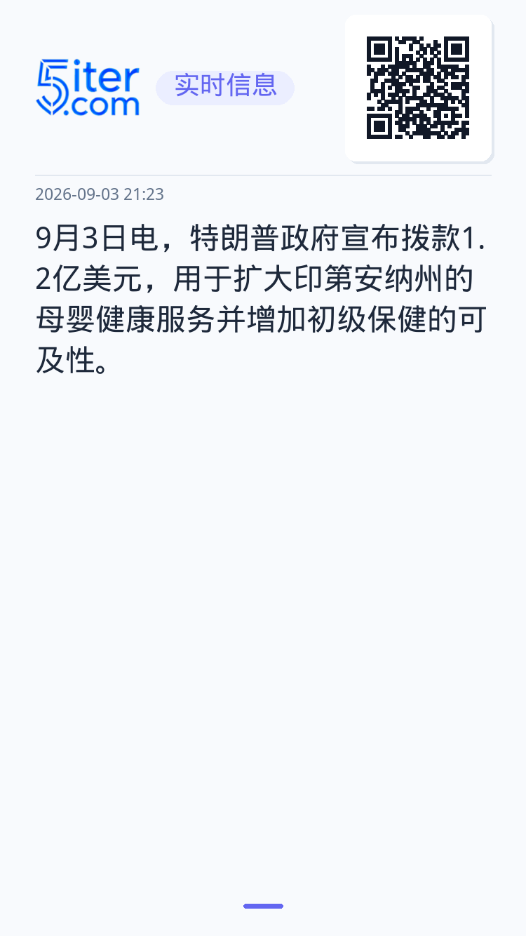 9月3日电，特朗普政府宣布拨款1.2亿美元，用于扩大印第安纳州的母婴健康服务并增加初级保健的可及性。