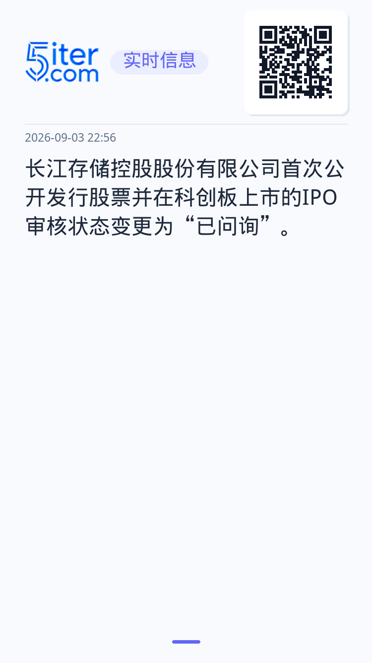 长江存储控股股份有限公司首次公开发行股票并在科创板上市的IPO审核状态变更为“已问询”。
