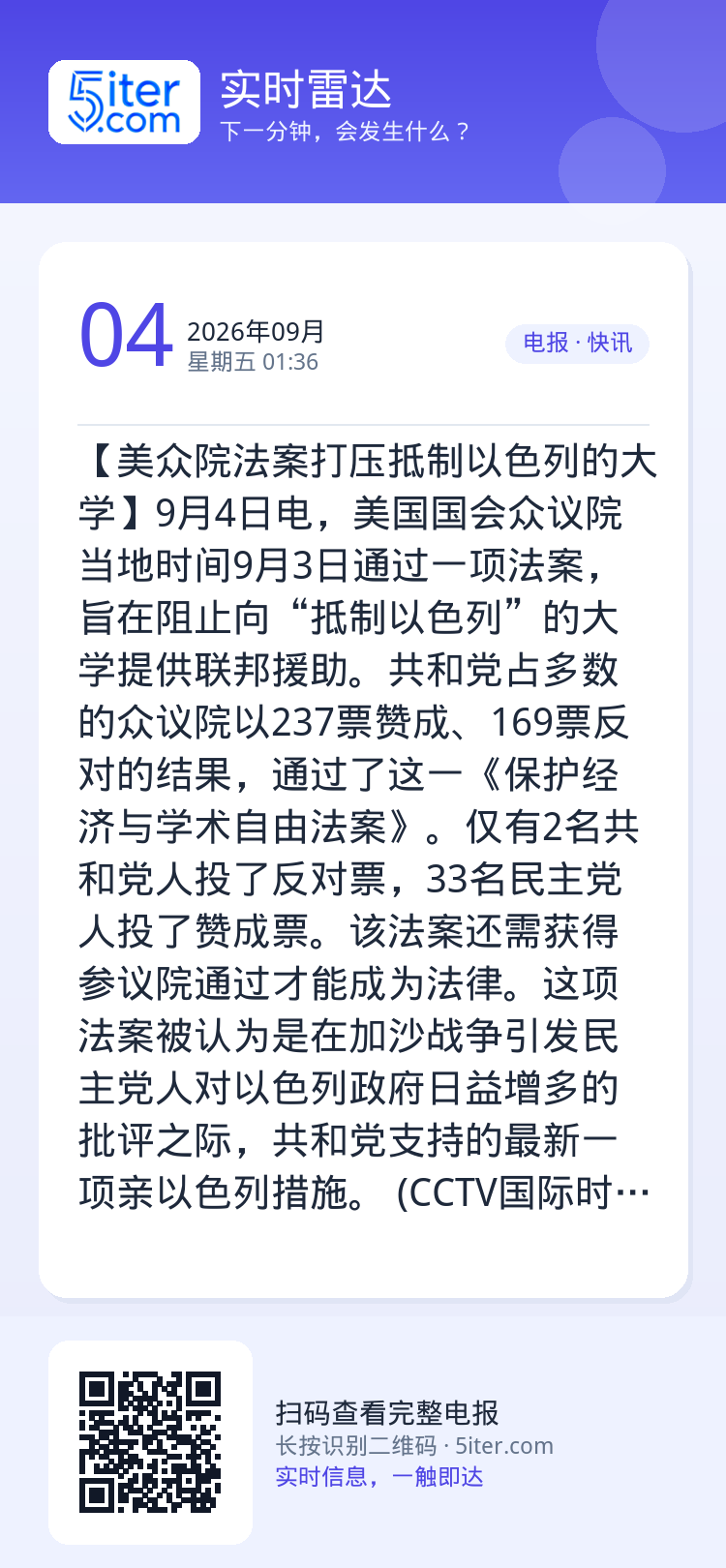 【美众院法案打压抵制以色列的大学】9月4日电，美国国会众议院当地时间9月3日通过一项法案，旨在阻止向“抵制以色列”的大学