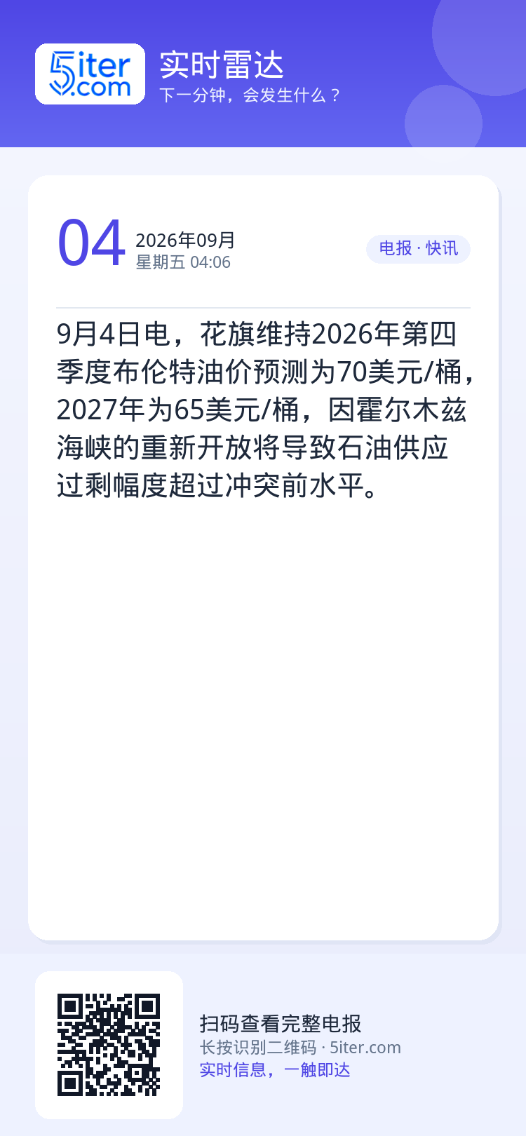 9月4日电，花旗维持2026年第四季度布伦特油价预测为70美元/桶，2027年为65美元/桶，因霍尔木兹海峡的重新开放将