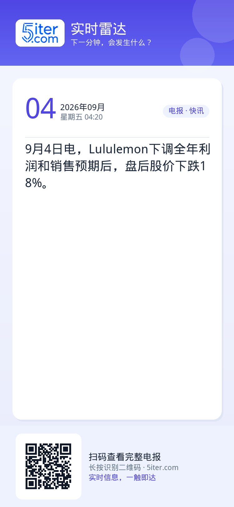 9月4日电，Lululemon下调全年利润和销售预期后，盘后股价下跌18%。