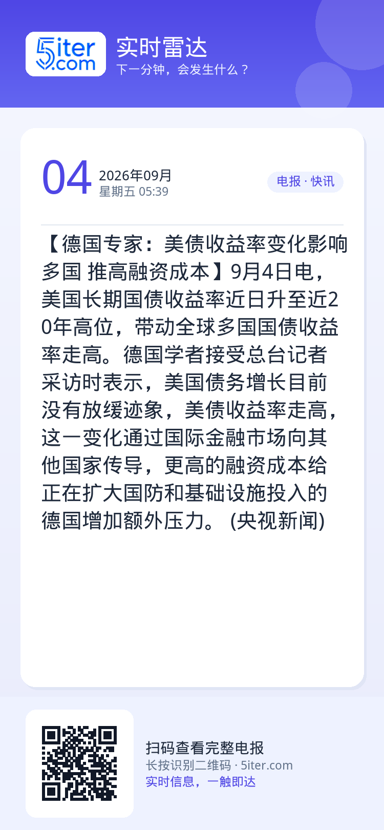 【德国专家：美债收益率变化影响多国 推高融资成本】9月4日电，美国长期国债收益率近日升至近20年高位，带动全球多国国债收