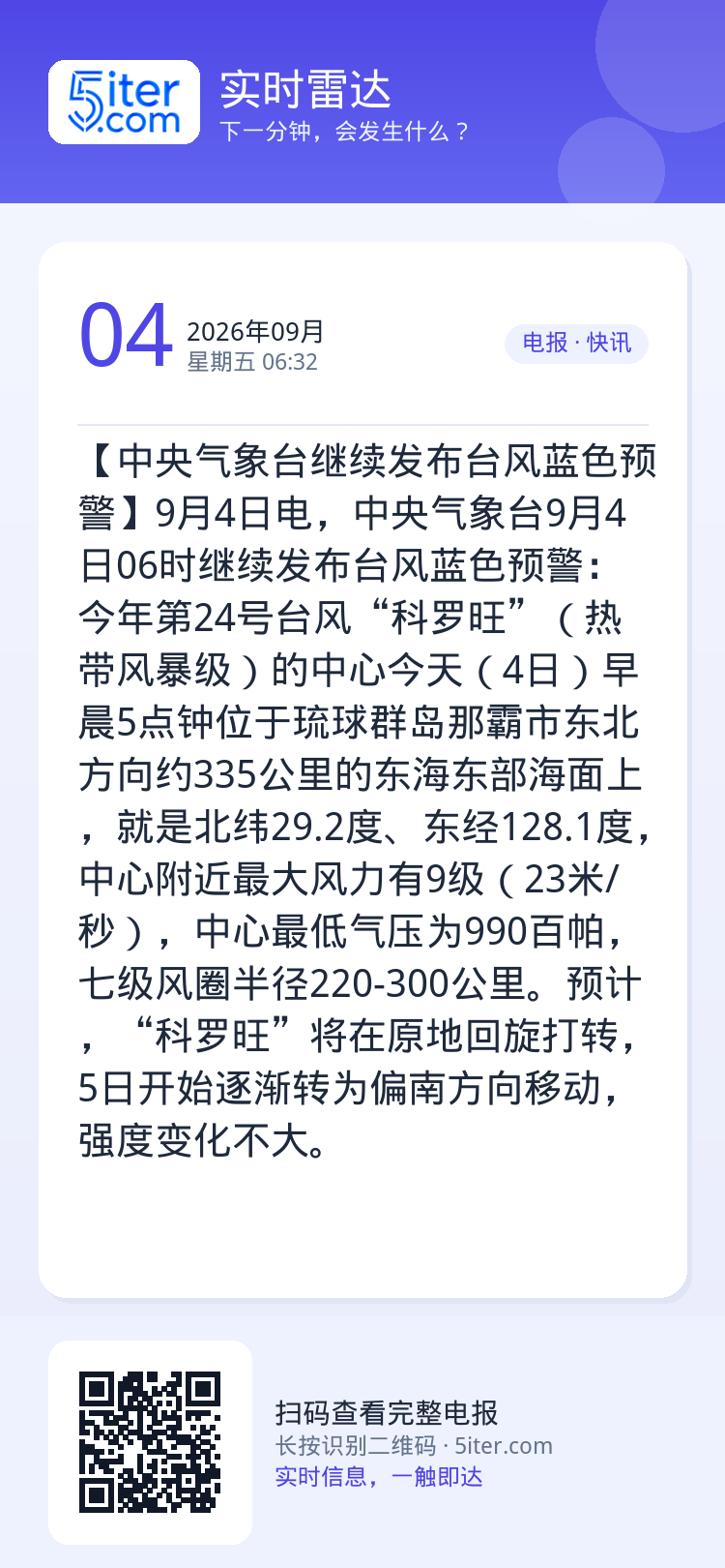 【中央气象台继续发布台风蓝色预警】9月4日电，中央气象台9月4日06时继续发布台风蓝色预警：今年第24号台风“科罗旺”（