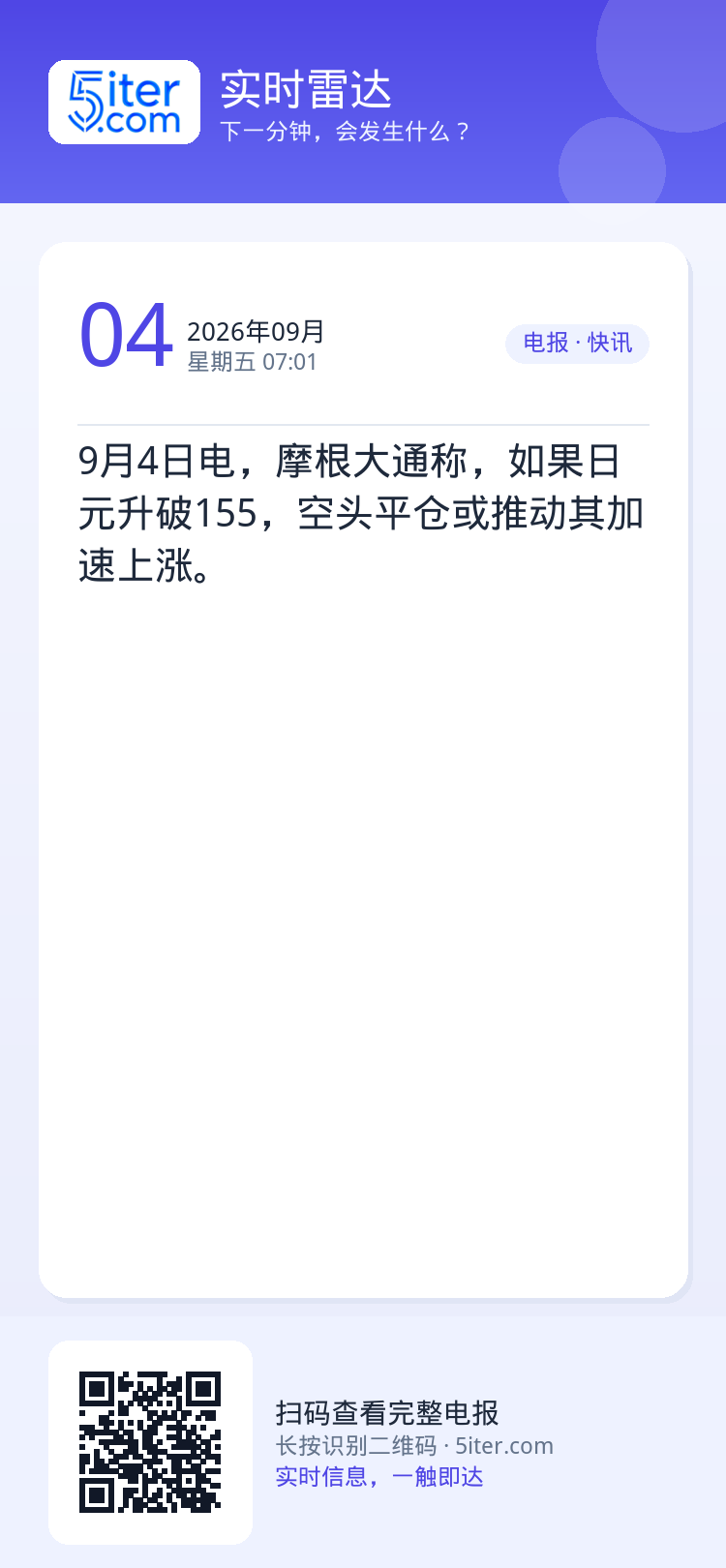 9月4日电，摩根大通称，如果日元升破155，空头平仓或推动其加速上涨。