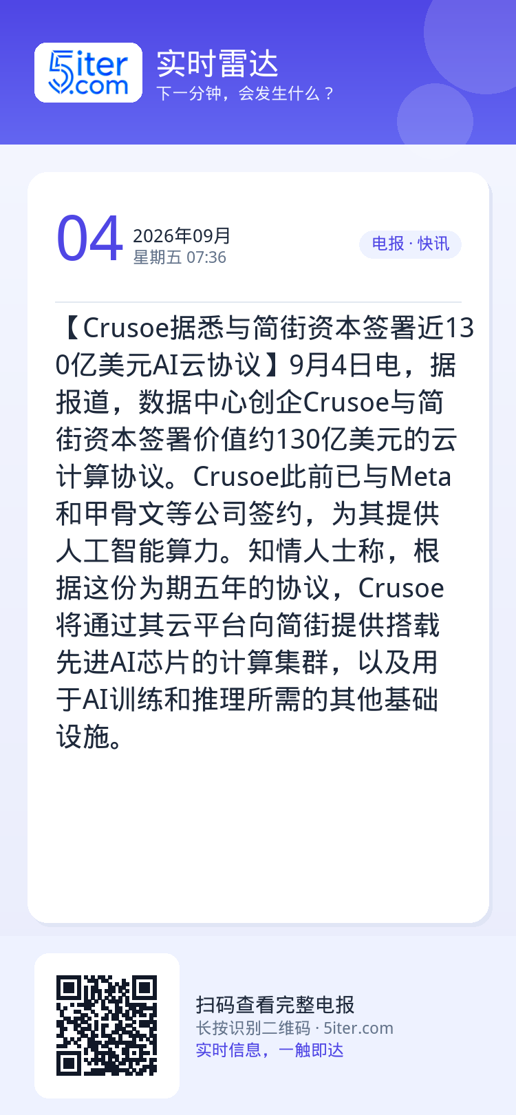 【Crusoe据悉与简街资本签署近130亿美元AI云协议】9月4日电，据报道，数据中心创企Crusoe与简街资本签署价值