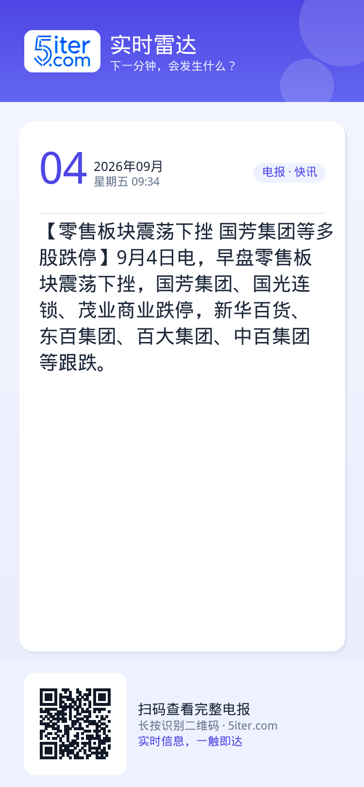 【零售板块震荡下挫 国芳集团等多股跌停】9月4日电，早盘零售板块震荡下挫，国芳集团、国光连锁、茂业商业跌停，新华百货、东