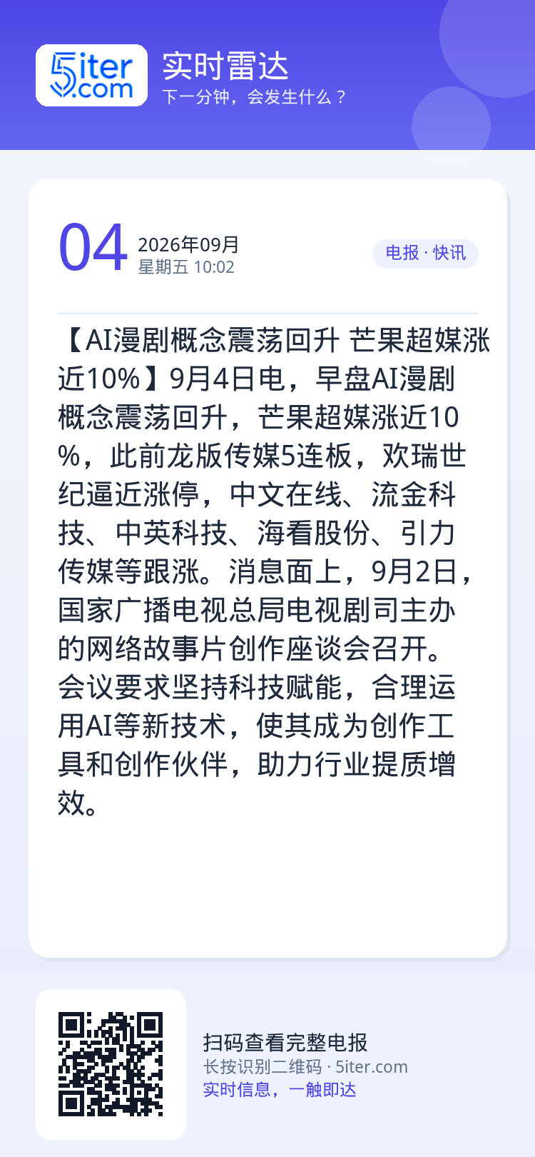 【AI漫剧概念震荡回升 芒果超媒涨近10%】9月4日电，早盘AI漫剧概念震荡回升，芒果超媒涨近10%，此前龙版传媒5连板