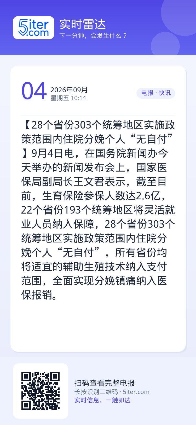 【28个省份303个统筹地区实施政策范围内住院分娩个人“无自付”】9月4日电，在国务院新闻办今天举办的新闻发布会上，国家