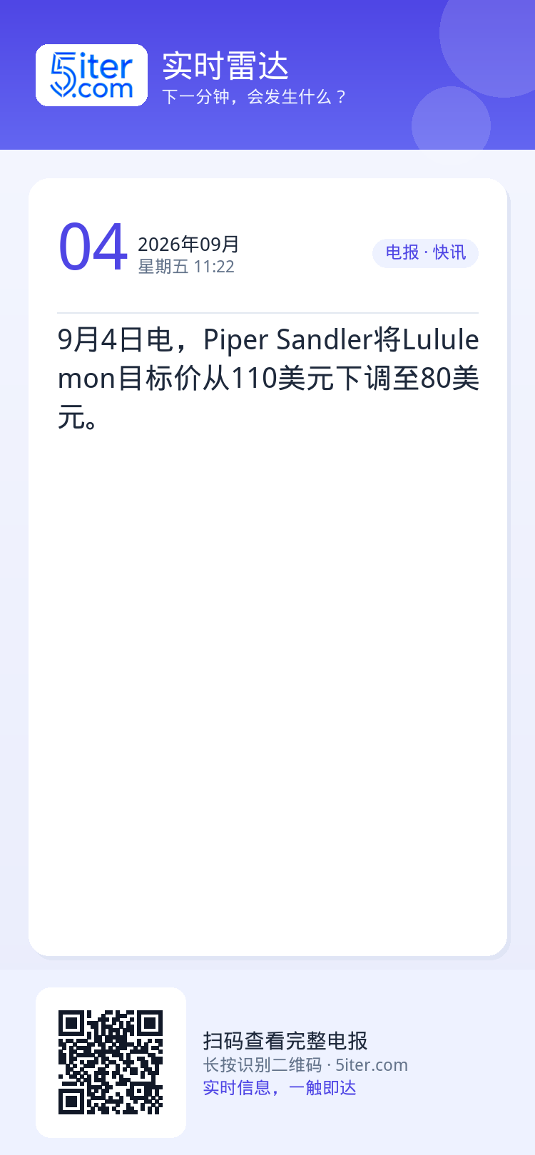 9月4日电，Piper Sandler将Lululemon目标价从110美元下调至80美元。