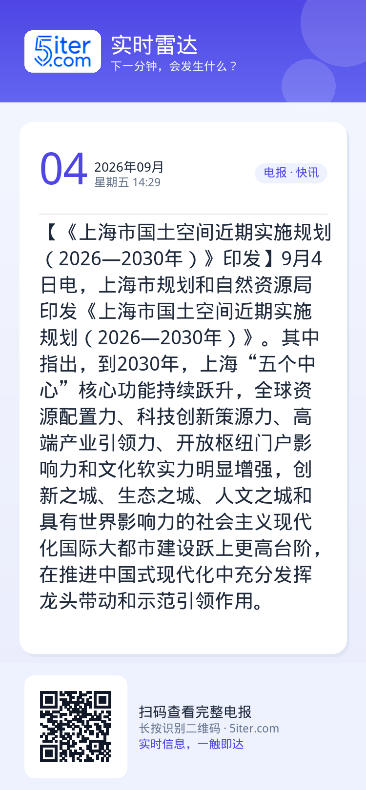 【《上海市国土空间近期实施规划（2026—2030年）》印发】9月4日电，上海市规划和自然资源局印发《上海市国土空间近期