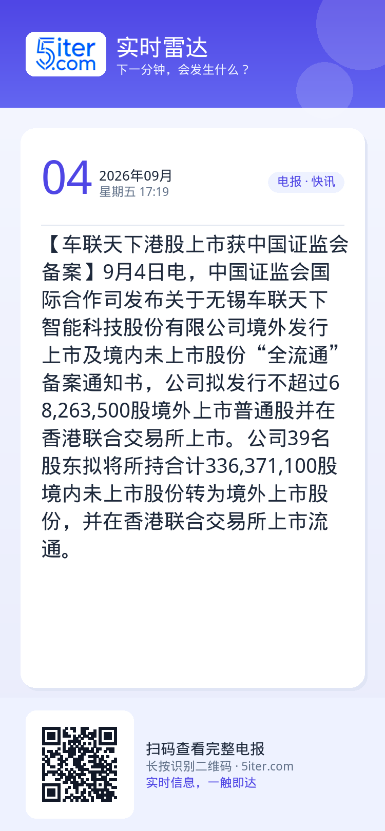 【车联天下港股上市获中国证监会备案】9月4日电，中国证监会国际合作司发布关于无锡车联天下智能科技股份有限公司境外发行上市