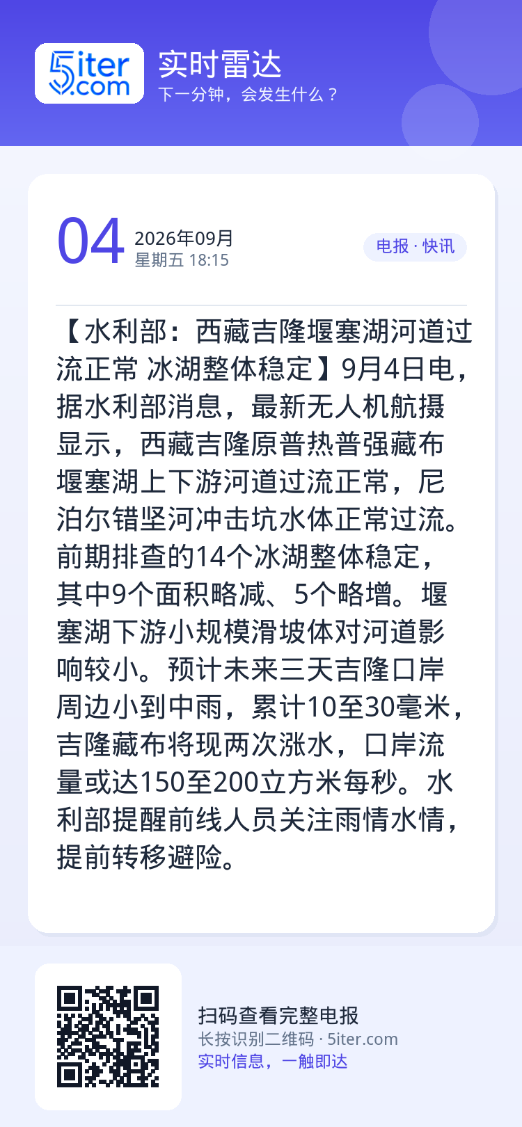 【水利部：西藏吉隆堰塞湖河道过流正常 冰湖整体稳定】9月4日电，据水利部消息，最新无人机航摄显示，西藏吉隆原普热普强藏布