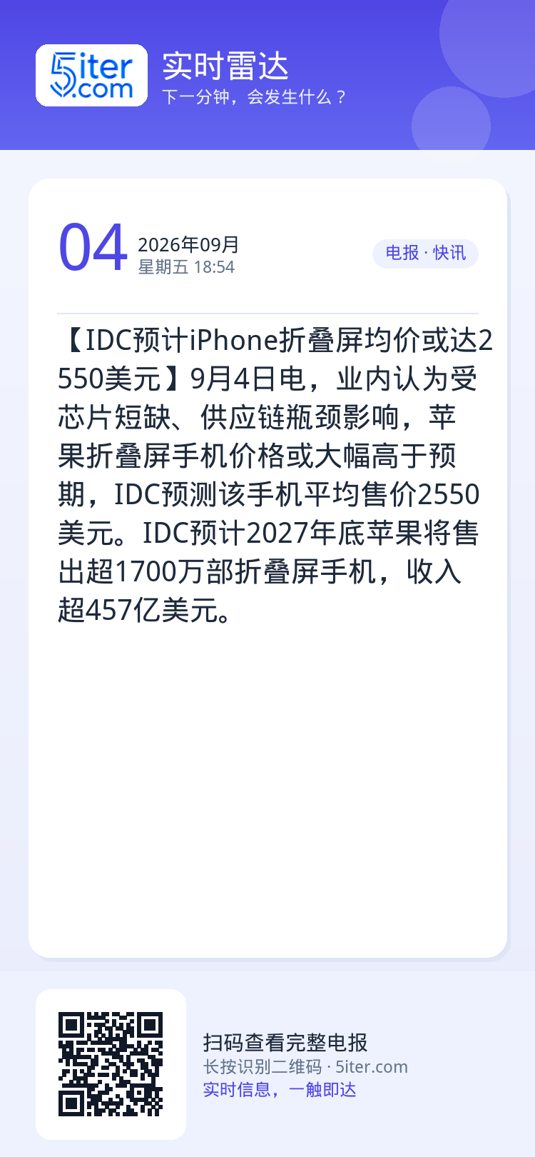 【IDC预计iPhone折叠屏均价或达2550美元】9月4日电，业内认为受芯片短缺、供应链瓶颈影响，苹果折叠屏手机价格或