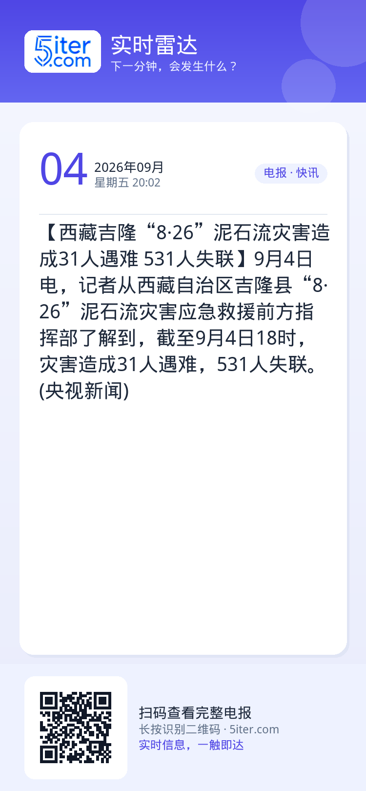 【西藏吉隆“8·26”泥石流灾害造成31人遇难 531人失联】9月4日电，记者从西藏自治区吉隆县“8·26”泥石流灾害应