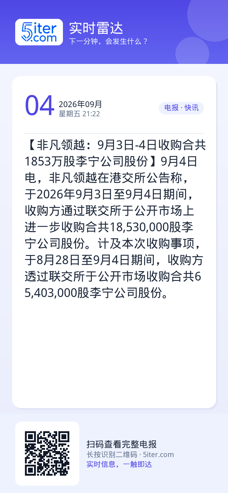 【非凡领越：9月3日-4日收购合共1853万股李宁公司股份】9月4日电，非凡领越在港交所公告称，于2026年9月3日至9