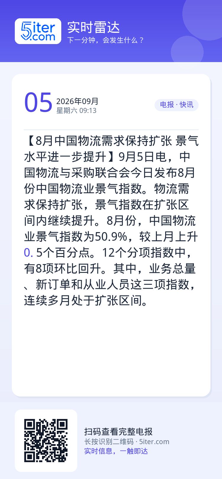 【8月中国物流需求保持扩张 景气水平进一步提升】9月5日电，中国物流与采购联合会今日发布8月份中国物流业景气指数。物流需