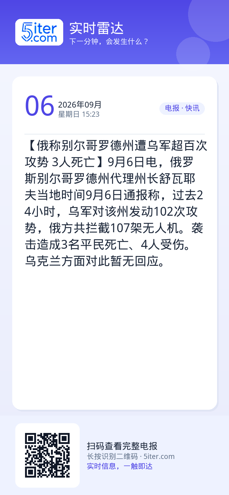 【俄称别尔哥罗德州遭乌军超百次攻势 3人死亡】9月6日电，俄罗斯别尔哥罗德州代理州长舒瓦耶夫当地时间9月6日通报称，过去