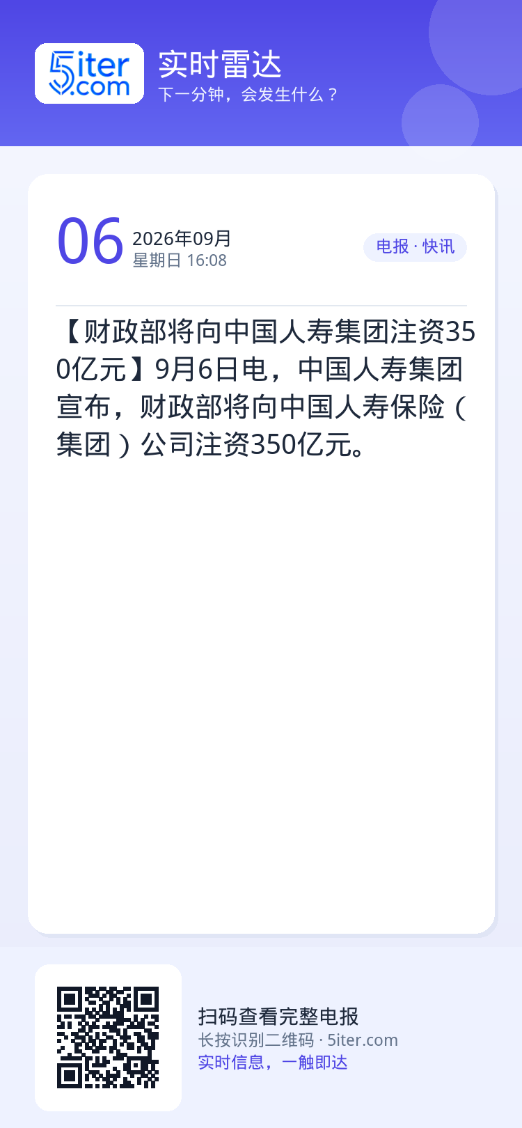 【财政部将向中国人寿集团注资350亿元】9月6日电，中国人寿集团宣布，财政部将向中国人寿保险（集团）公司注资350亿元。