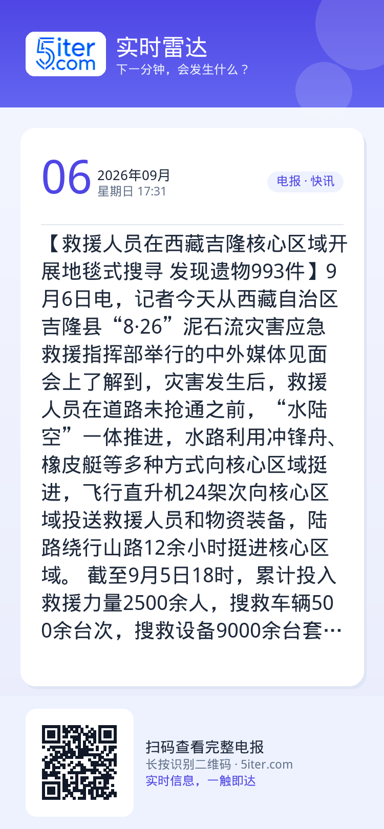 【救援人员在西藏吉隆核心区域开展地毯式搜寻 发现遗物993件】9月6日电，记者今天从西藏自治区吉隆县“8·26”泥石流灾