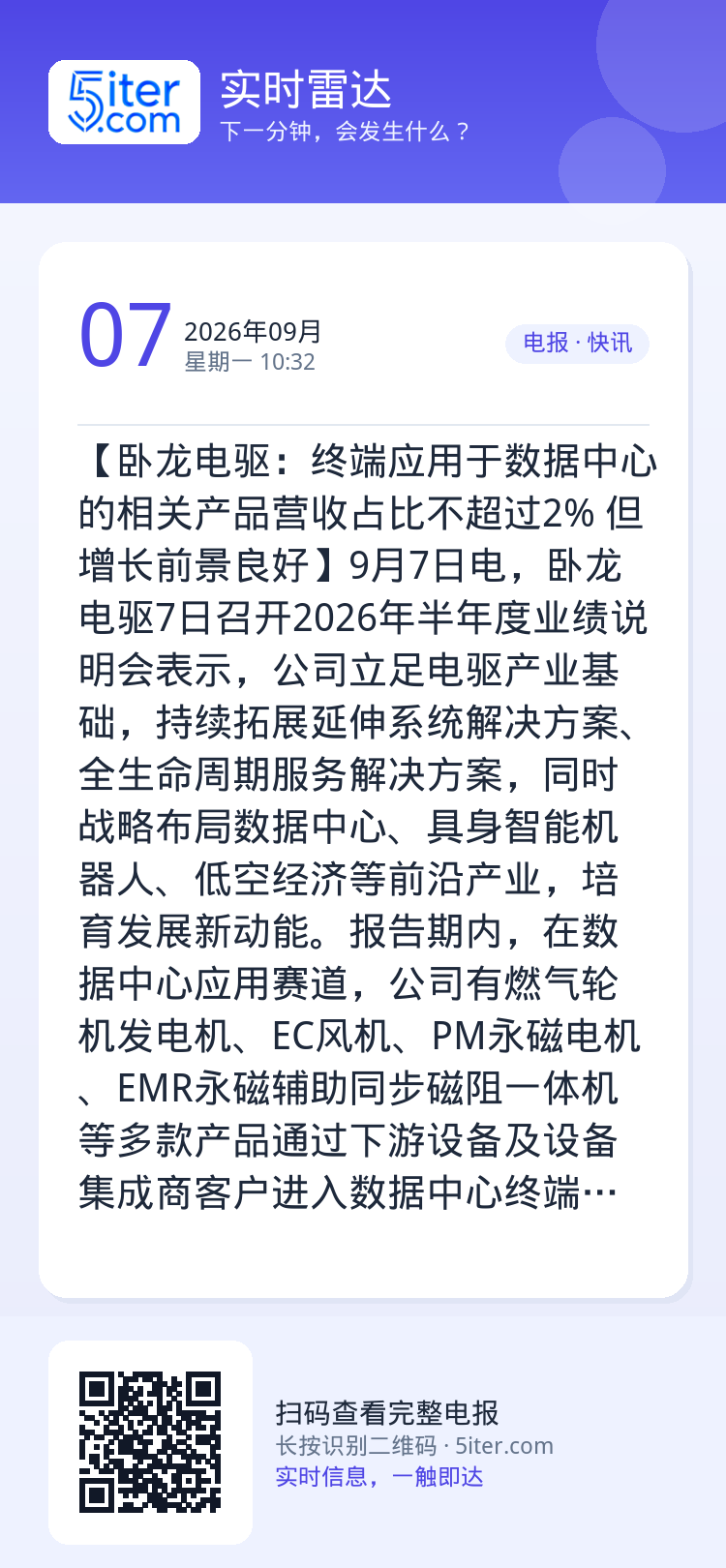 【卧龙电驱：终端应用于数据中心的相关产品营收占比不超过2% 但增长前景良好】9月7日电，卧龙电驱7日召开2026年半年度