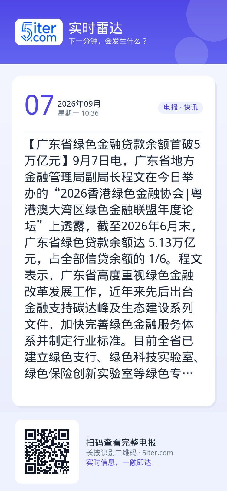 【广东省绿色金融贷款余额首破5万亿元】9月7日电，广东省地方金融管理局副局长程文在今日举办的“2026香港绿色金融协会|